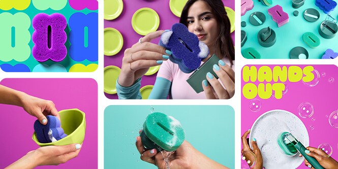 Collage de imágenes de Brite de Scotch-Brite™ que muestra estropajos con y sin soporte, y estropajos con mango en uso sobre fondos vivos y coloridos.
